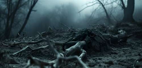 Carcass of mother earth in a dark, gothic scene surrounded by dark mud. An environment of ominous darkness and soil deterioration. Visual metaphor for the dark fragility of nature.