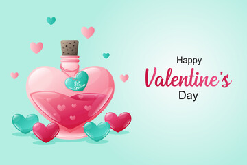 valentine's Love potion bottles, Romance elixir, Cartoon vector illustration,  Holiday banner, web poster, flyer, stylish brochure, greeting card, cover. Romantic background