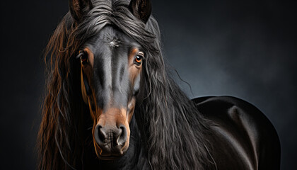 Beautiful black stallion with a captivating gaze in the meadow generated by AI
