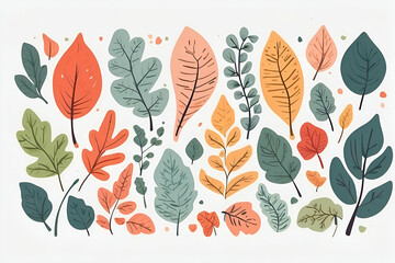 leaves doodles on a white background, watercolor pastel colors, cute, fun and playful