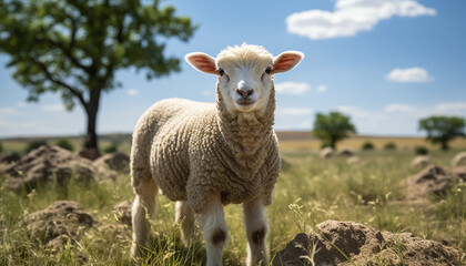 Obraz premium Cute lamb grazing in green meadow, looking at camera generated by AI