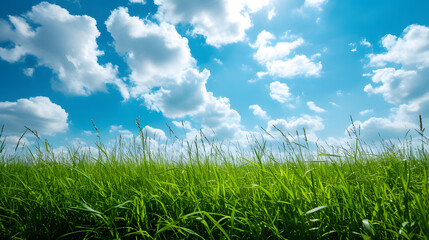Fototapeta premium Illustration background, Beautiful grassy fields and summer blue sky with fluffy white clouds in the wind