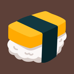 Egg Tamago Sushi roll icon Sticker in isometric 3d style on brown background