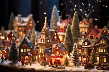 A close-up of a Christmas village display.