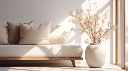 A Minimalist interior design of a modern living room, sofa and stump pillows, in a room with morning sunlight streaming through the window.