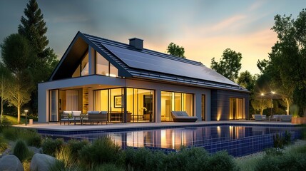 New suburban house with a photovoltaic system on the roof. Modern eco friendly passive house with landscaped yard