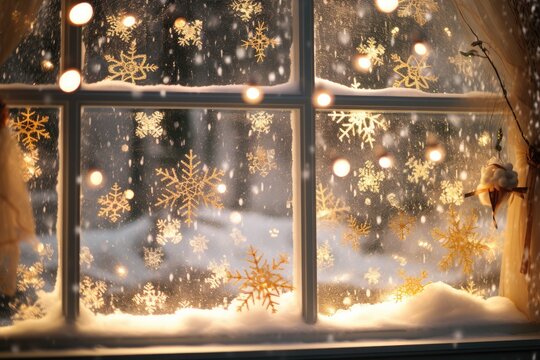 Close-up of a snowy window pane adorned with Christmas decals.