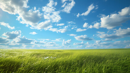 Illustration background, Beautiful grassy fields and summer blue sky with fluffy white clouds in the wind