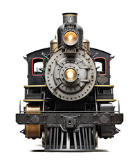 Fototapeta premium Steam locomotive Train Front View Isolated on Transparent Background 