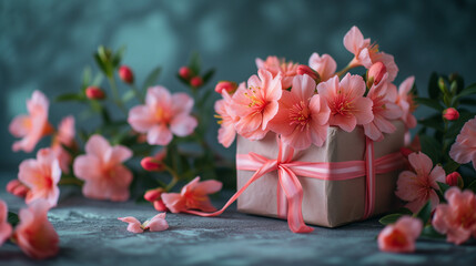 tulips in a basket with a pink present box, happy mother's day