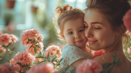 mother and child with a flowers, happy mother's day