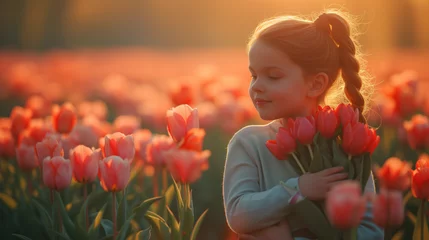 Foto op Canvas child in field with tulip flowers, happy mother's day © Chirapriya