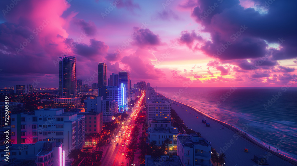 Wall mural sunset at miami art deco district, drone photo of ocean drive miami neon art deco buildings , city s