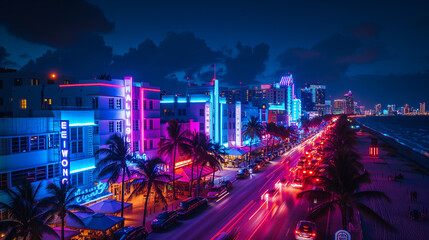 Naklejka premium Sunset at Miami Art Deco District, drone photo of Ocean Drive Miami neon art deco buildings ,night city street