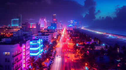 Obraz premium night view of the city,Sunset at Miami Art Deco District, drone photo of Ocean Drive Miami neon art deco buildings 