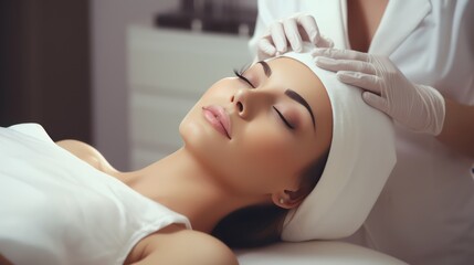 Fototapeta na wymiar A Beauty expert massaging young woman's face Close up of beautiful Asian woman's head in white hat and doctor's hands in gloves lying on treatment bed.