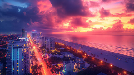 Fototapeta na wymiar sunset over the city,Sunset at Miami Art Deco District, drone photo of Ocean Drive Miami neon art deco buildings 