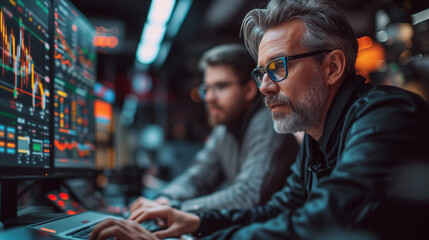 Busines men trading  stocks on computer in the evening