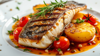 grilled salmon steak with vegetables,mediterranean cuisine meuniere large grilled fish dish with tomato and potato with olive oil