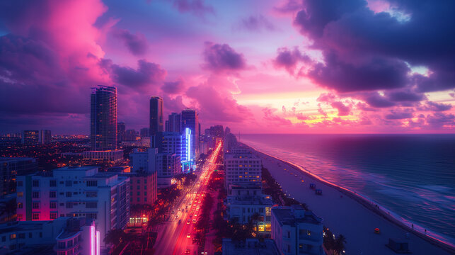 Sunset at Miami Art Deco District, drone photo of Ocean Drive Miami neon art deco buildings , city skyline at night