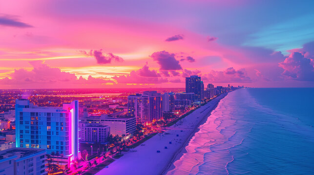 sunset over the city Sunset at Miami Art Deco District, drone photo of Ocean Drive Miami neon art deco buildings 