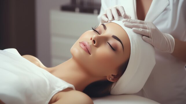 A Beauty expert massaging young woman's face Close up of beautiful Asian woman's head in white hat and doctor's hands in gloves lying on treatment bed.
