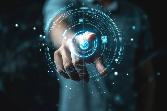 front view man finger touch hologram graphic,techno,business, 