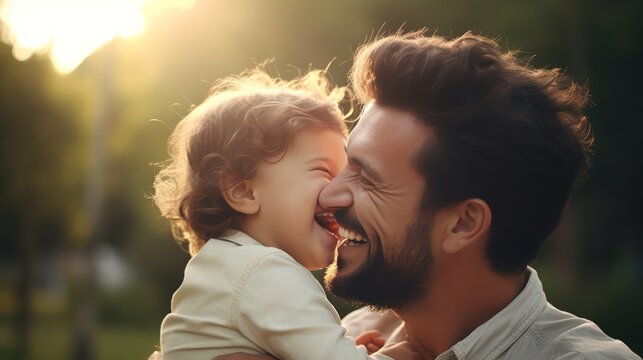 Father, bonding kiss and boy child hug happy in nature with quality time together outdoor. Happiness, laughing and family love of a dad and kid in a park enjoying nature hugging with care and a smile.