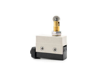Limit switch sensor of the machine. limit switch for mechanical movement and actuators limits. isolated on white background of limit switch, control device, electrical equipment in control system.