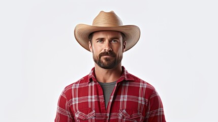 Agriculture, Confident Farmer Wearing a wide-brimmed hat and a red striped shirt, standing looking at the camera, isolated on a white transparent background.