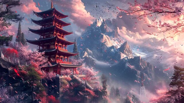 view of japanese pagoda in the mountains. Seamless looping time-lapse virtual 4k video animation background.