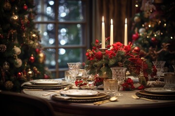Placing a festive centerpiece on the dining table.