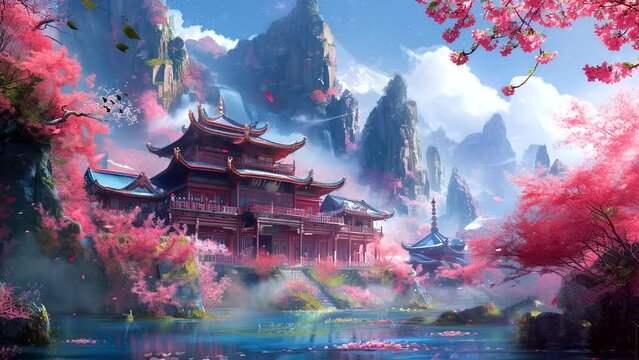 watercolor painting of a temple. Seamless looping time-lapse virtual 4k video animation background.