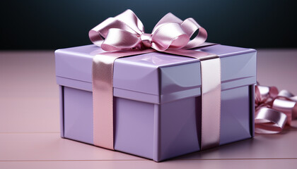 Obraz premium Birthday gift wrapped in shiny purple wrapping paper with satin bow generated by AI