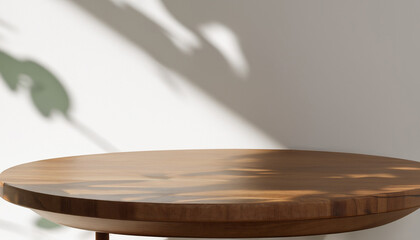 Close up of a round empty teak wood table with sunlight and leaves shadow on white wall behind.