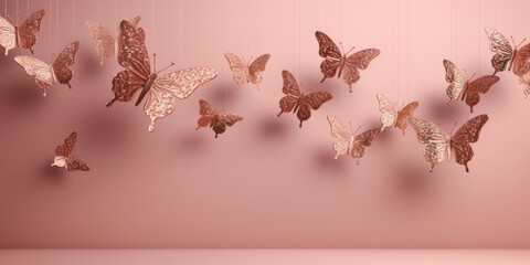 Pink Butterflies hanging on strings on a pink background. Butterflies flying pastel pink wall background. Beautiful background for greeting card for Birthday, Valentine's day, Wedding, Women's day
