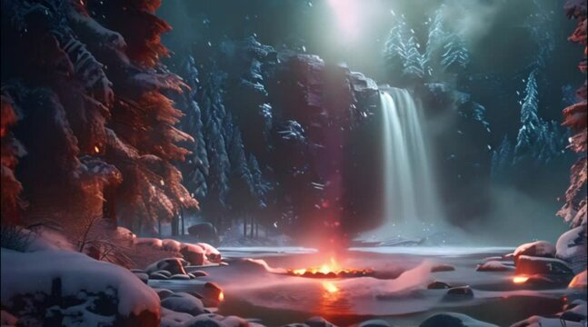 Winter nature scene at waterfall with campfire, seamless looping time-lapse virtual video animation background.
