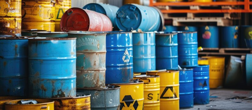 Toxic waste stored in various containers, including old chemical barrels, blue methanol drums, and steel chemical tanks, with hazardous warning symbols.