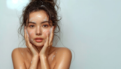 Portrait of beautiful and happy young asian woman with wet hair and foamy cleanser on her glowing skin face, isolated background