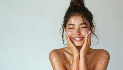Portrait of beautiful and happy young asian woman with wet hair and foamy cleanser on her glowing skin face, isolated background