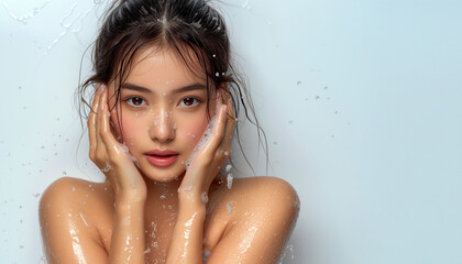 Naklejka premium Portrait of beautiful and happy young asian woman with wet hair and foamy cleanser on her glowing skin face, isolated background