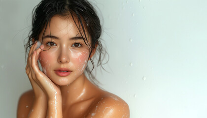 Portrait of beautiful and happy young asian woman with wet hair and foamy cleanser on her glowing skin face, isolated background