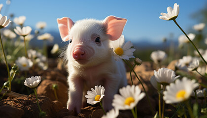 Cute piglet grazing in meadow, surrounded by flowers and sun generated by AI