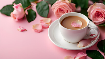 Fototapeta na wymiar cup of coffee and red rose, generative ai