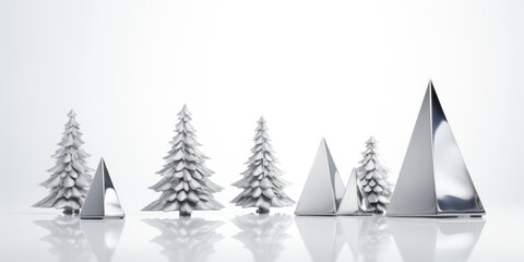 Minimalistic Christmas card with silver trees on white background.