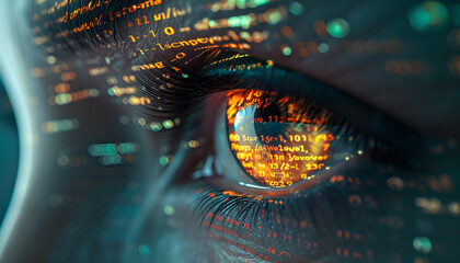 close-up of computer programming code reflecting on eyes