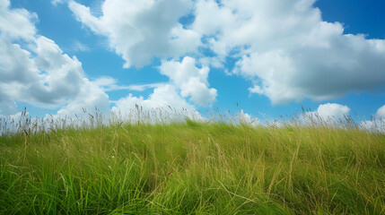 Obraz premium Illustration background, Beautiful grassy fields and summer blue sky with fluffy white clouds in the wind