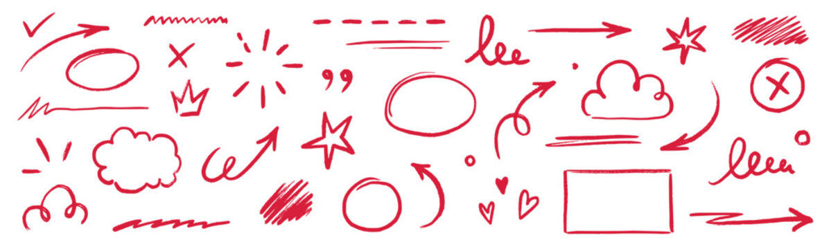 Line text highlight, red hand drawn pen brush marker vector. Line text underline, emphasis, star, arrow mark element. Hand drawn stroke, crown, love heart, pencil swoosh shape. Vector illustration.