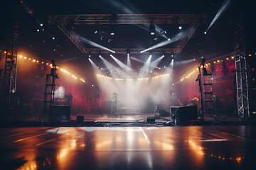 Stage lights and spotlights on a concert stage. Lighting equipment. - obrazy, fototapety, plakaty
