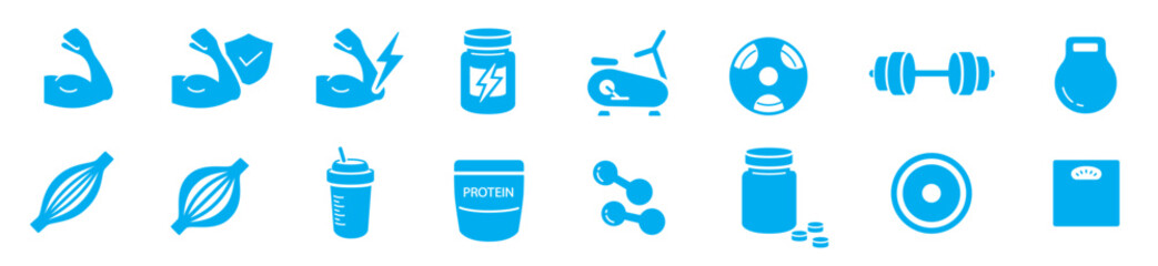 Protein, Gym, Bodybuilding, Fitness, Health, Muscle editable stroke icons set collection vector